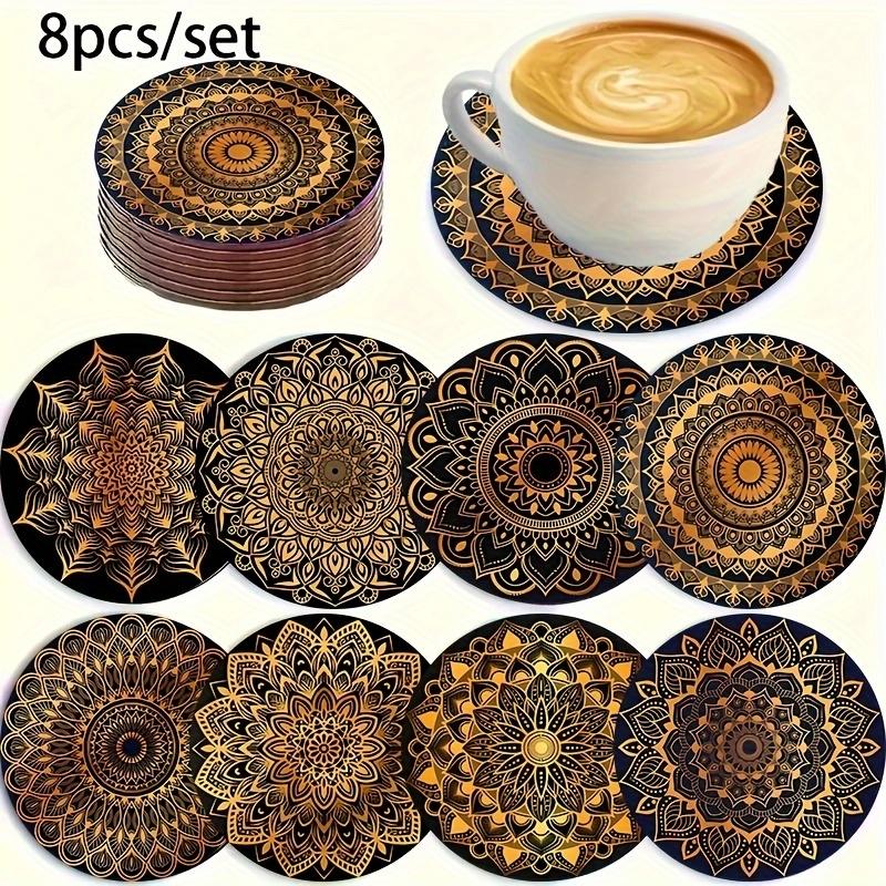 8-Piece Golden Mandala Wooden Coasters - Absorbent and Durable, Ideal for Coffee, Tea, and Beverages | Perfect Home and Restaurant Decor | Ideal Graduation Gift