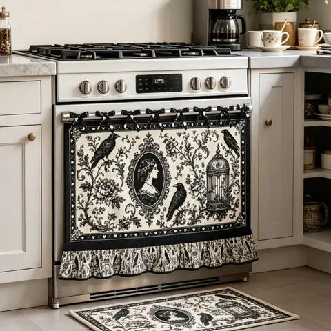 Floral Gothic Raven Motif Short Curtains - Home Accessory, Unique Decor, Vintage Home Decor for Kitchen Stove Cover, Victorian Cabinet & Cupboard Rustic Accent