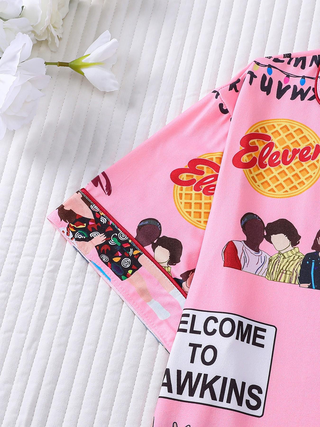 Stranger Things Cartoon All-Over Print 2-Piece Pajama Set for Women, Pink Girly Style Lapel Short Sleeve Top with Pocket & Elastic Waist Shorts, Soft Comfortable All-Season Casual Daily Loungewear Sleepwear