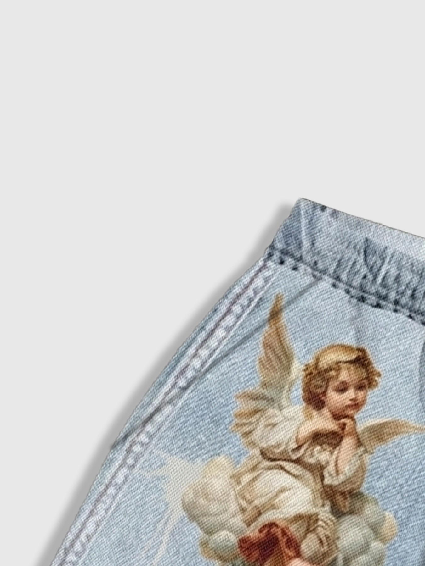 New Summer Retro Angel Print Shorts, Men's Street Graffiti Loose Fit Casual Shorts, Trendy Graphic Design for Daily Wear