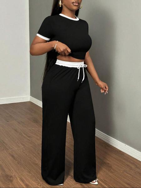 Women's Casual Home Set, Soft Colorblock Round Neck Short Sleeve Top & Wide Leg Drawstring Pants, Comfortable All-season Wear