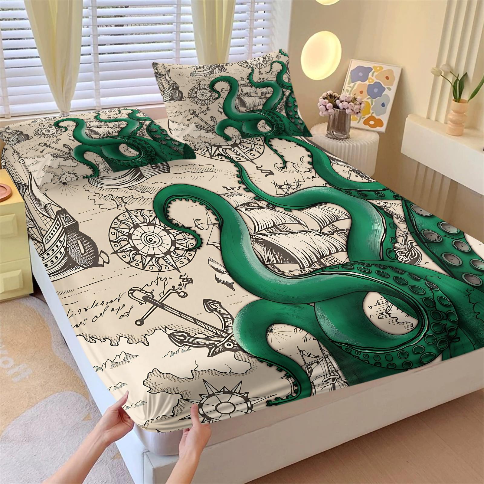 3PCS Vintage Octopus Nautical Fitted Sheet Set (1 Fitted Sheet + 2 Pillowcases),Soft Breathable Fabric,Deep Pocket Anti-Slip Full Wrap,HD Vivid Digital Print,Kraken Pirate Ocean Bedding For Bedroom, Dorm & Guest Room