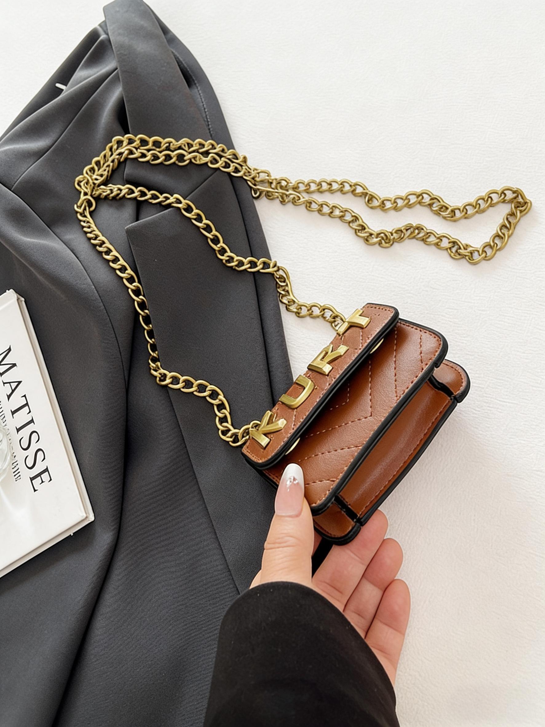 Women's Versatile Rhombic Embroidery Chain Small Square Bag, Fashionable Letter Design Mini Crossbody Shoulder Bag, Crossbody Purses