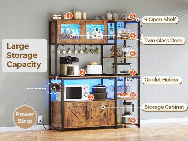 Sikaic 45.3 Inches Farmhouse Coffee Bar Bakers Rack with Power Outlet and LED Light Cabinet Kitchen with Storage Bookshelf