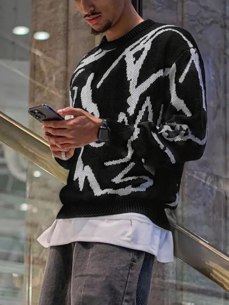 Men's Geometric Print Drop-Shoulder Sweater Pullover, Casual Street Comfy Long Sleeve Round Neck Jumper for Fall & Winter, Men's Knitwear for Daily Wear