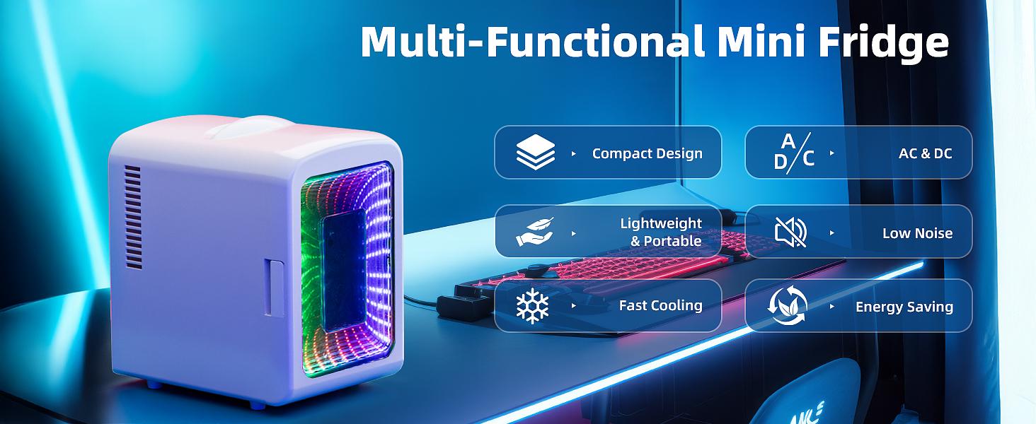 Electactic Mini Compact Refrigerator with Gaming Light, 4L Capacity/6 Cans Portable Mini Fridge, for Bedroom,Car,Office and Dorm, Small Cooler for Cosmetics, Beverage and Food, White