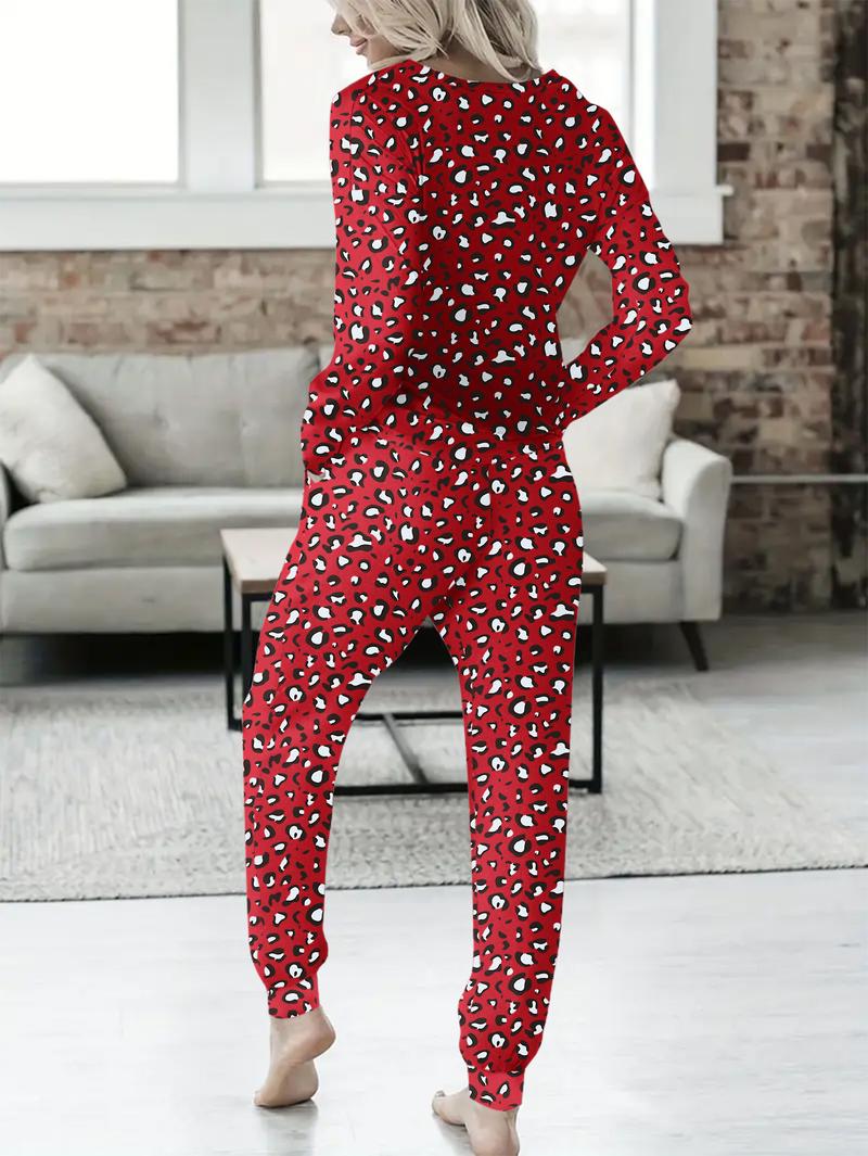 Women's Leopard Print Long Sleeve Top & Elastic Waist Butterfly Cuffed Pants, Soft Comfortable Knit Loungewear Pajamas Set for All Seasons, Casual Homewear for Women