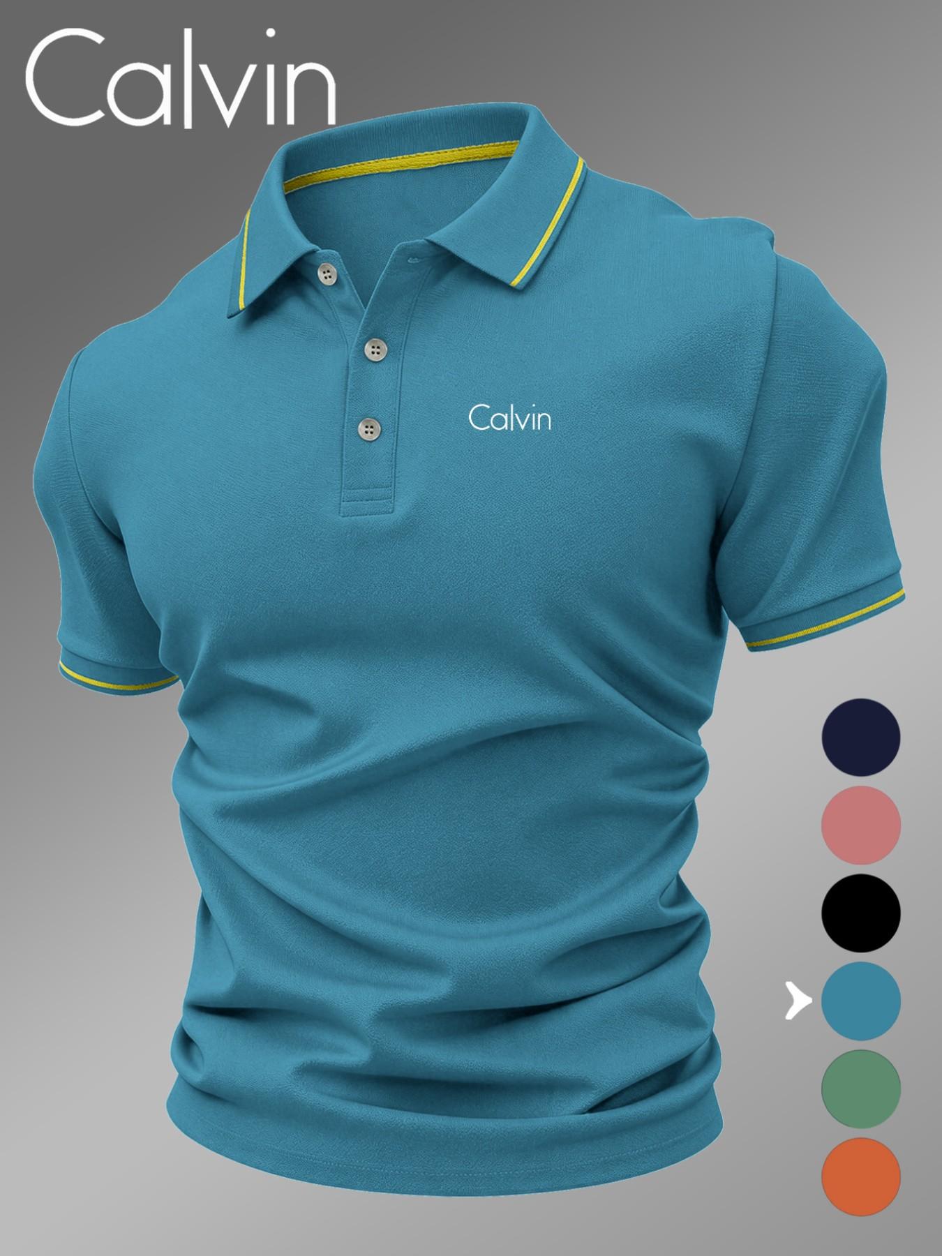 Lb5030 Classic Calvin Logo Print Men's Polo Shirt, Fitted Geometric Pattern, Casual Style, Breathable and Comfortable, All-Season Wear