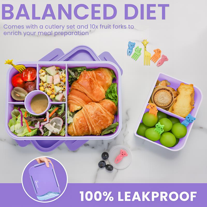 Bugucat Leak-Proof Bento Lunch Box 1300ML with 6 Compartments, Kids & Adult Bento Box with Cutlery, Dishwasher & Microwave Safe, High-Quality PP Material, 22x15x5.5 cm, Ideal for School, Kindergarten, Office