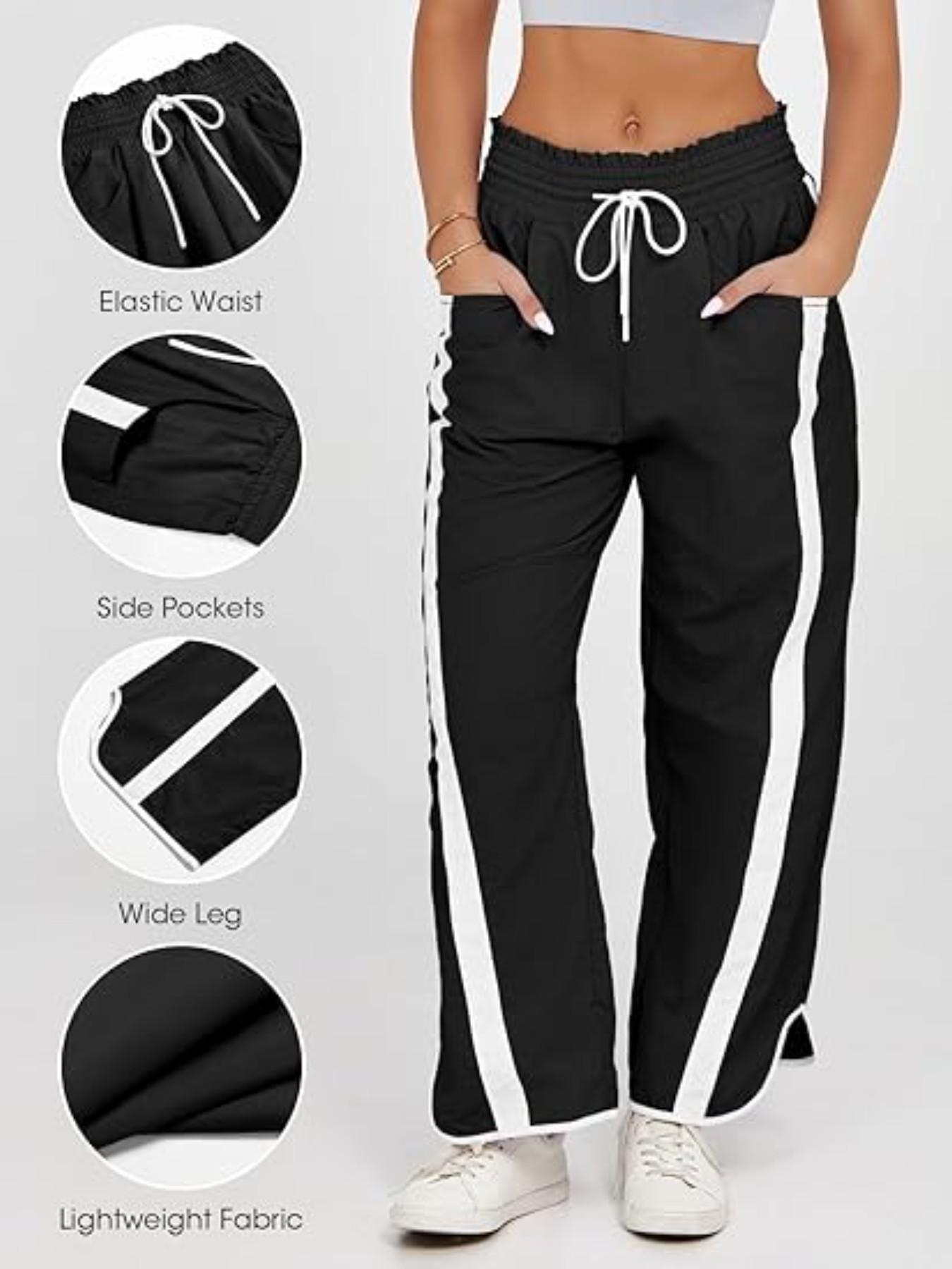Women's Loose Wide-Leg Pants, Casual Drawstring Elastic Waist Colorblock Sportswear, Fashion Y2K Nine-Quarter Pants, All Seasons