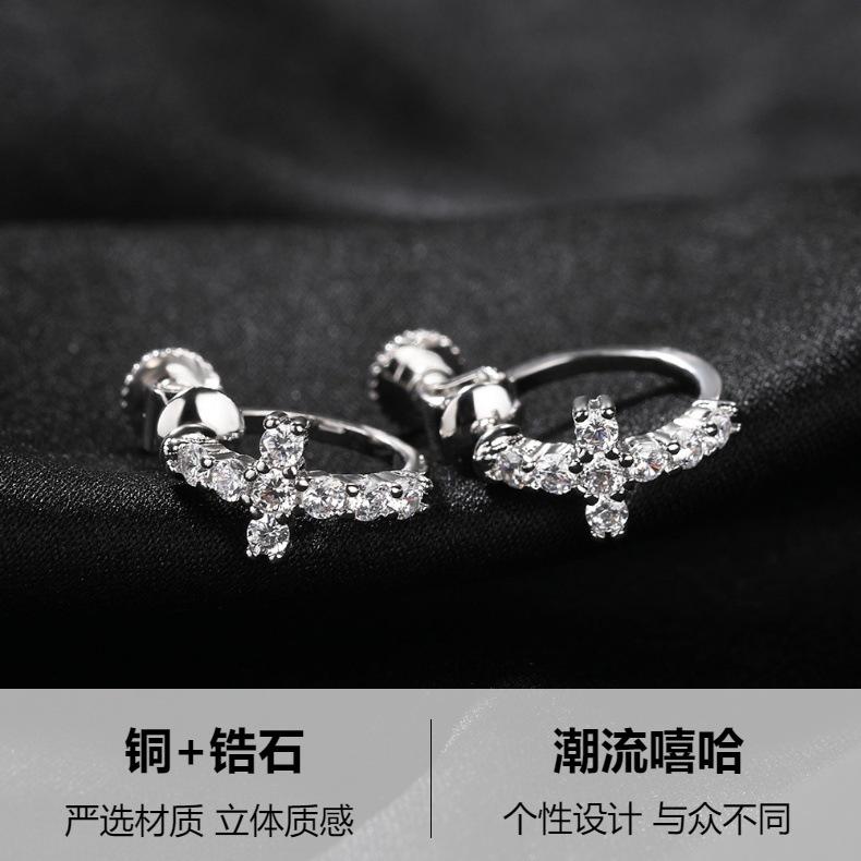 Classic hip-hop minimalist men's earrings, unique black spiral clasp cross earrings, zirconia earrings