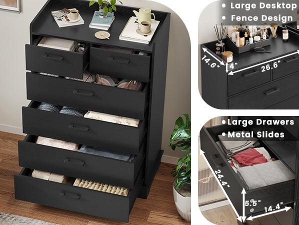 Sikaic 6 Drawers Dresser Wooden Vertical Large Capacity Storage Chest Furniture Bedroom Organization Cabinet Modern Aesthetic