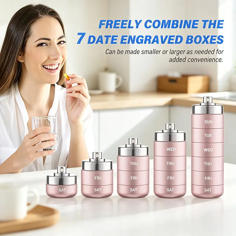 Metal Travel Pill Organizer - Portable Medicine Organizer Storage Boxes, 7-Day/4-Times Waterproof Stackable Bins, Large Daily Supplement Dispenser Storage Boxes for Vitamins, Fish Oil
