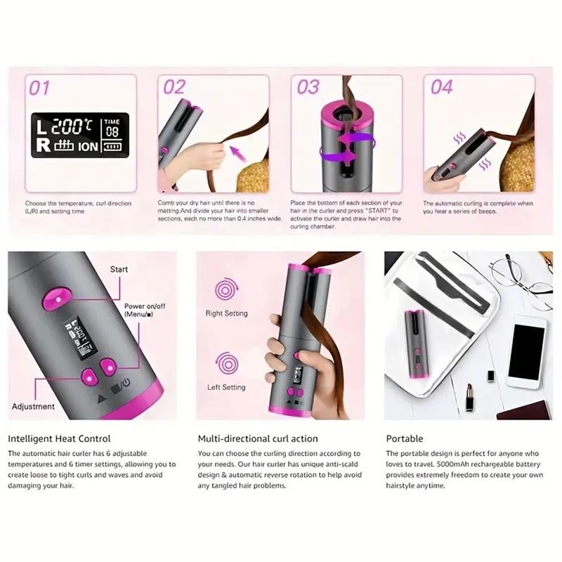 USB Rechargeable Cordless Hair Curler, Effortless Styling, 6 Heat Settings & Timer, Fast Heating, Auto Shut Off, No-Worry Styling Experience