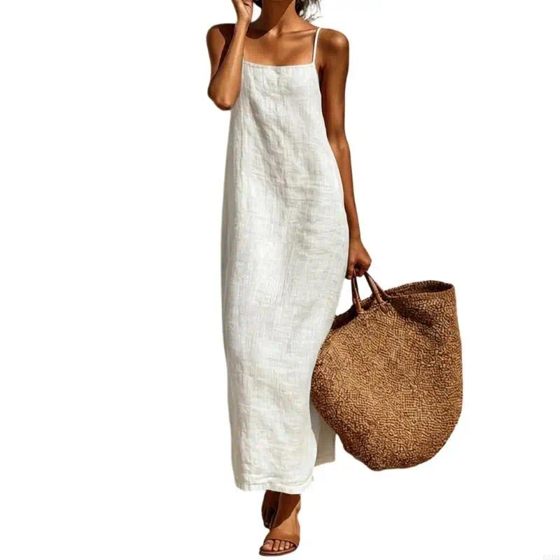 Women's Linen Cotton Maxi Dress with Square Neck Sleeveless Long Dresses, Casual Loose Resort Wear 6XDA