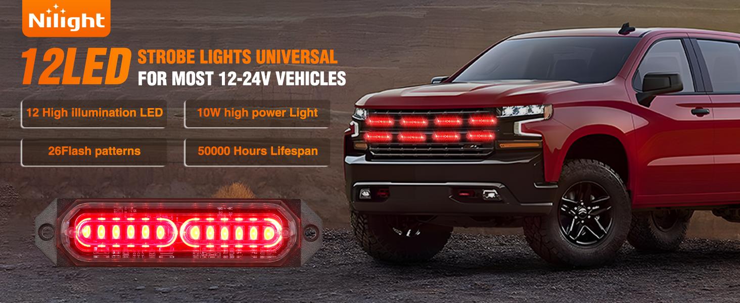 Nilight 8PCS LED Strobe Lights 12LED Red  Light 12V 24V Surface Mount, Ultra Slim Sync Feature, Mini Grille for Cars, Trucks, Off Road & SUV