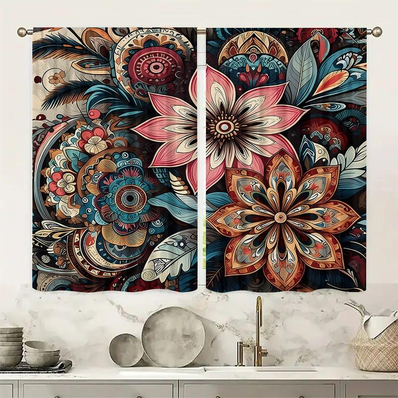 2 pieces of retro mandala-style floral printed curtains, made of polyester with semi-transparent texture, machine washable, suitable for bedrooms, living rooms and home decoration curtains.