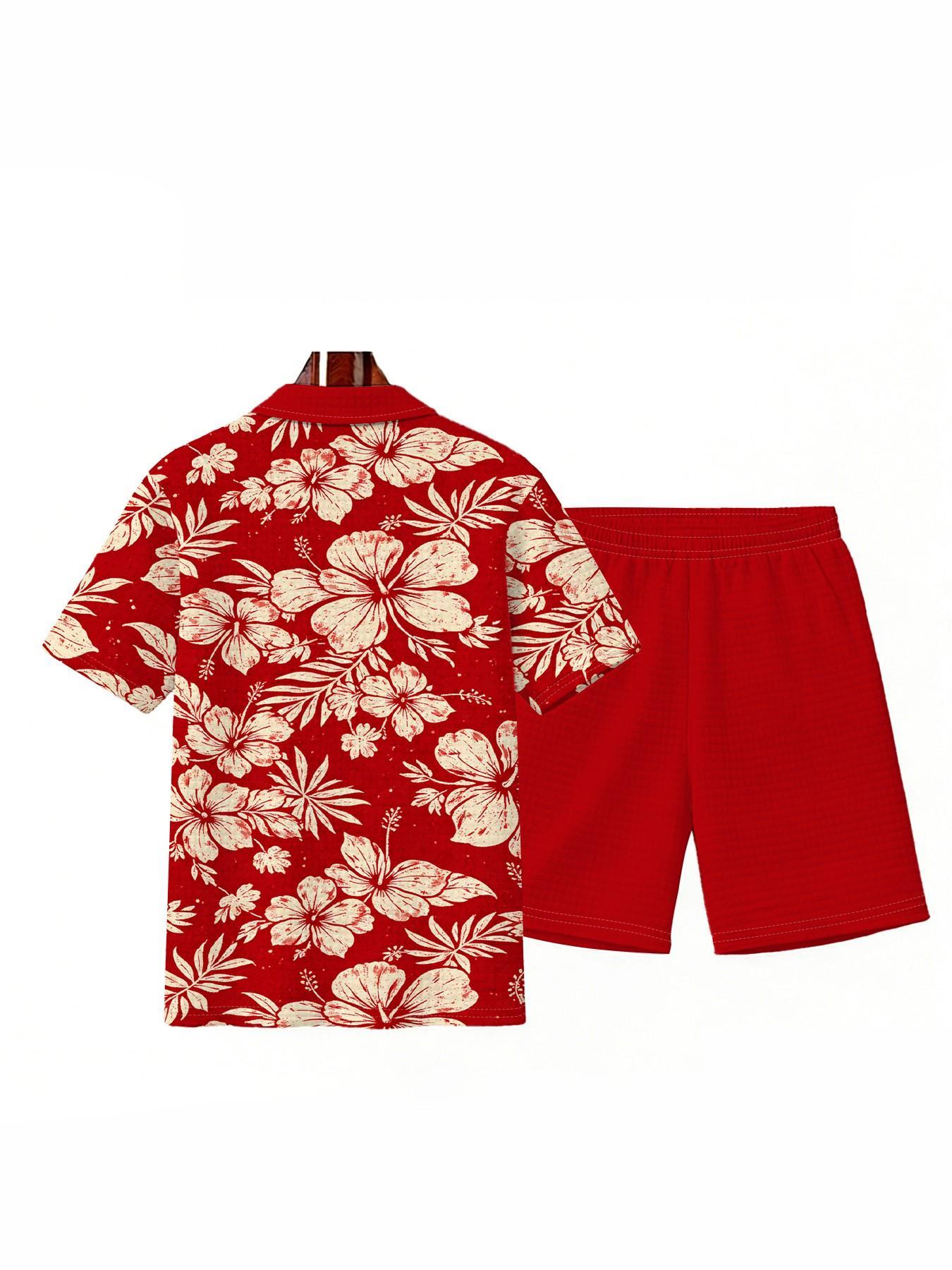 Men's Base Vintage Jasmine Print Waffle Texture Polo Set, Large Size Zipper Blouse, Summer Casual Breathable Beach Wear