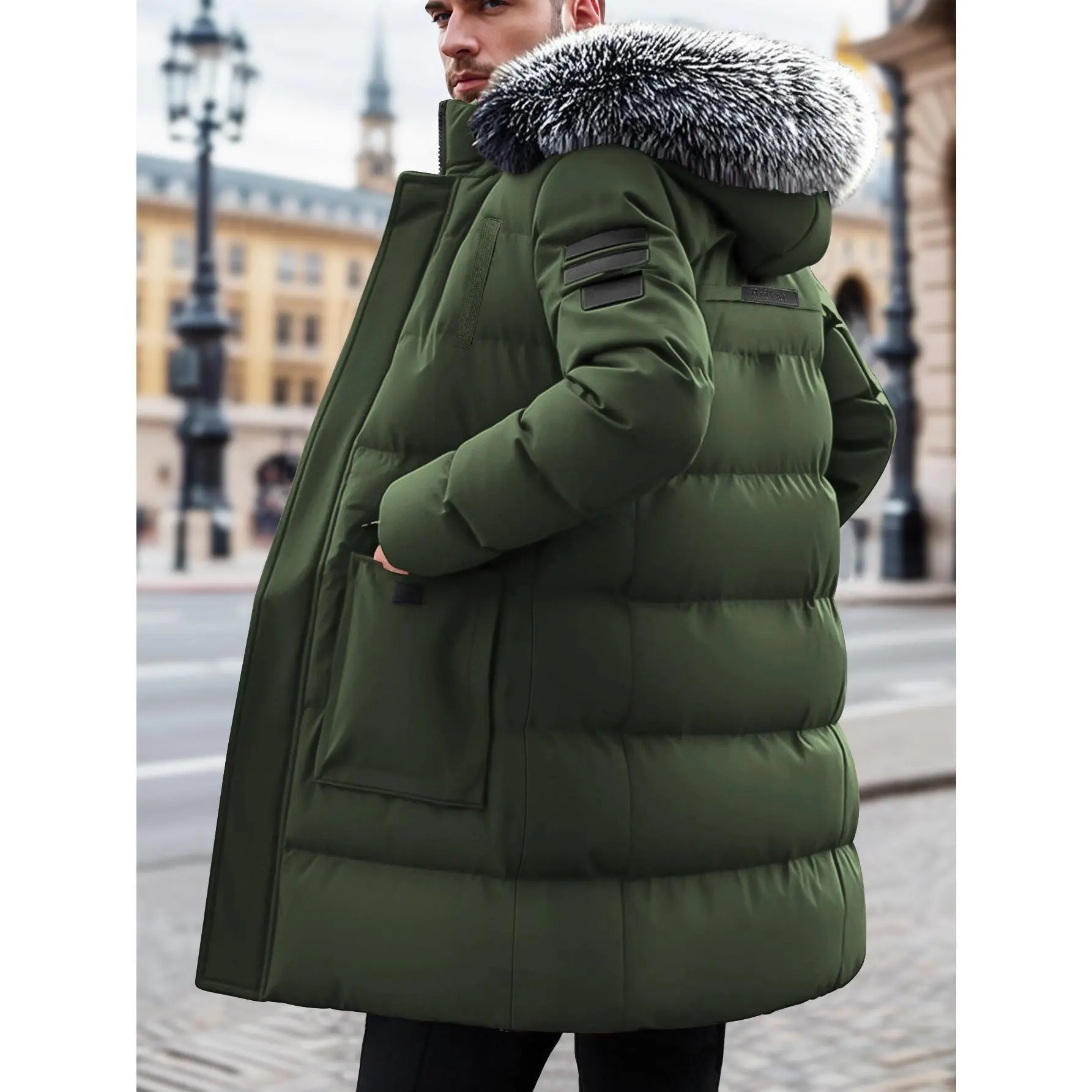 Men's Minimalist Casual Long Thermal Parka Coat - Full Length Winter Insulated Pullover with Detachable Faux Fur Hood, Collar, Pockets, Outdoor Warm Outerwear for Skiing, Daily Commute