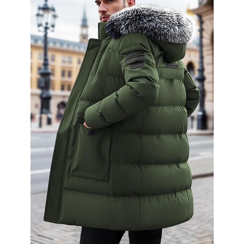 Men's Long Thermal Parka Jacket - Full Length Winter Insulated Pullover with Detachable Faux Fur Hood & Collar, Warm Menswear Outerwear for Skiing, Daily Commute