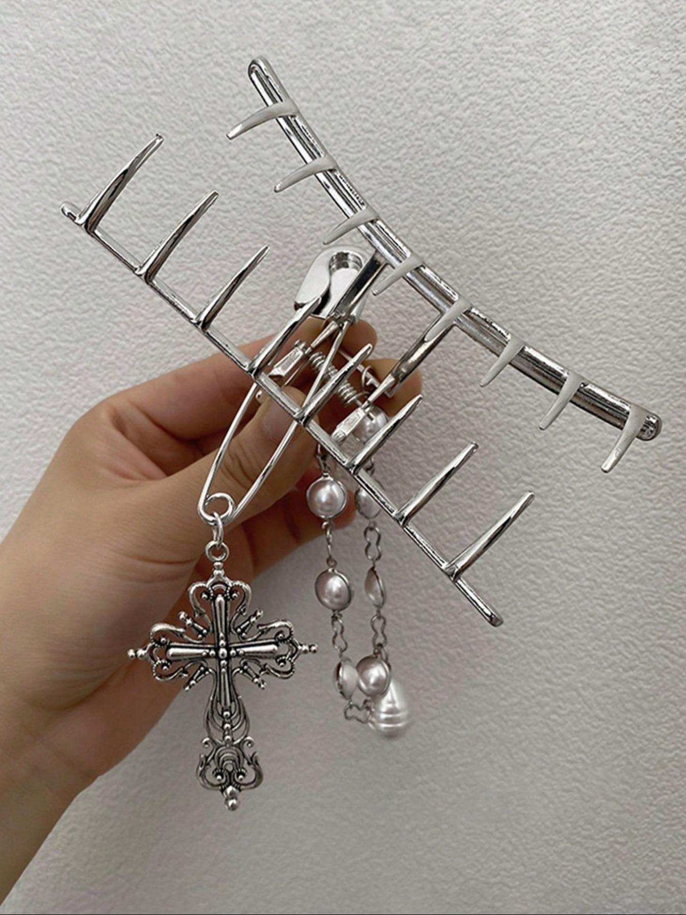 Faux Pearl & Chain Decorated Hair Claw, Hair Clip, Hairpin, Y2K Punk Style Hollow Out Design Hair Accessories for Women & Girls, Vintage Hair Accessories for Daily Wear