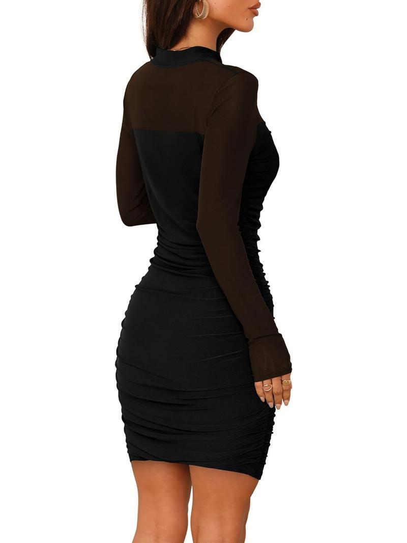 Women's glitter mesh semi-transparent long-sleeved pleated mini dress, sexy and slimming style, high neck design, suitable for cocktail parties or club gatherings