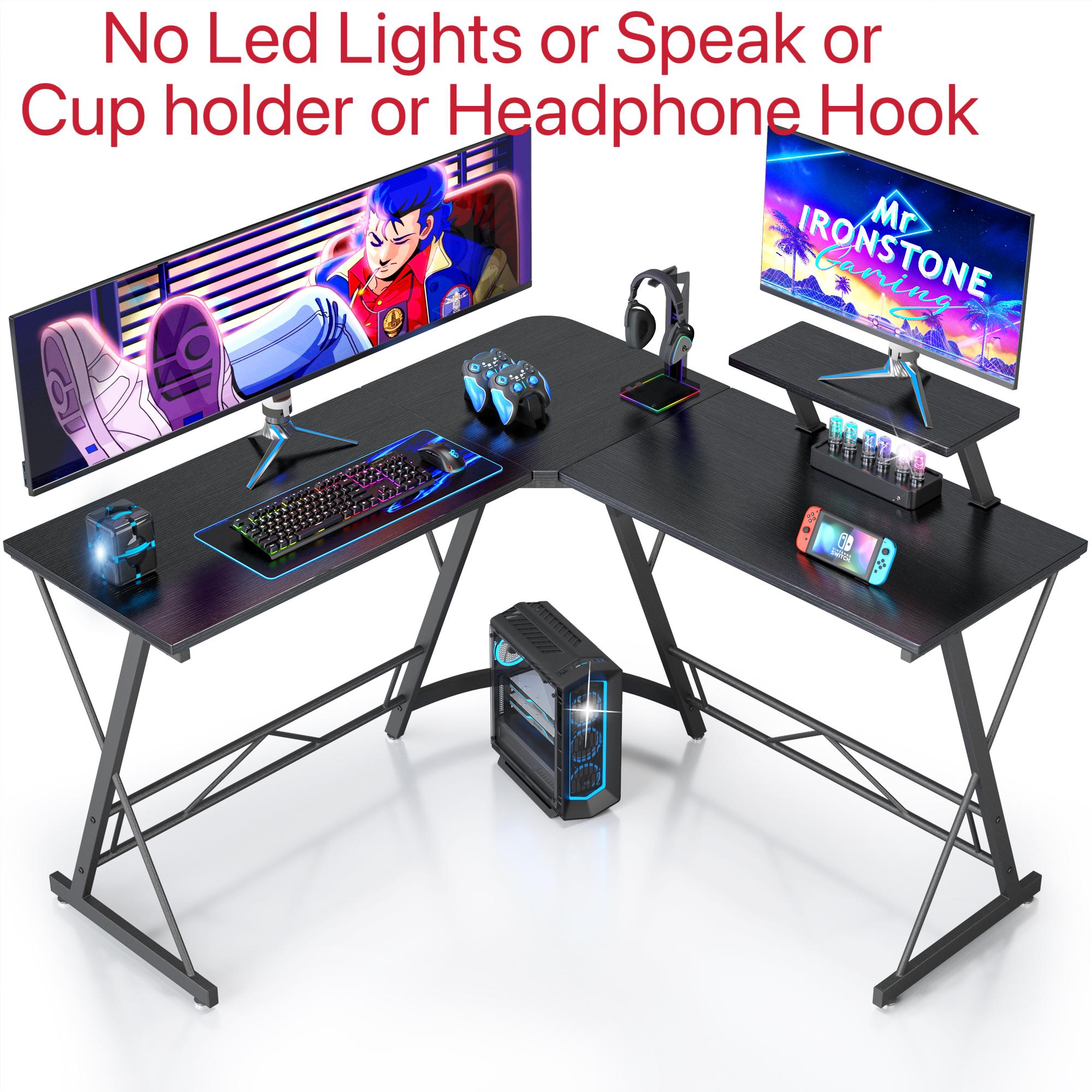 【Holiday Haul】Mr IRONSTONE L Shaped Gaming Desk with Led Lights Corner Computer Desk with Cup Holder and Headphone Hook, L shaped desk, Home Office Desks Writing Workstation with Large Monitor Stand, Easy to Assemble (Black,51 Inch)