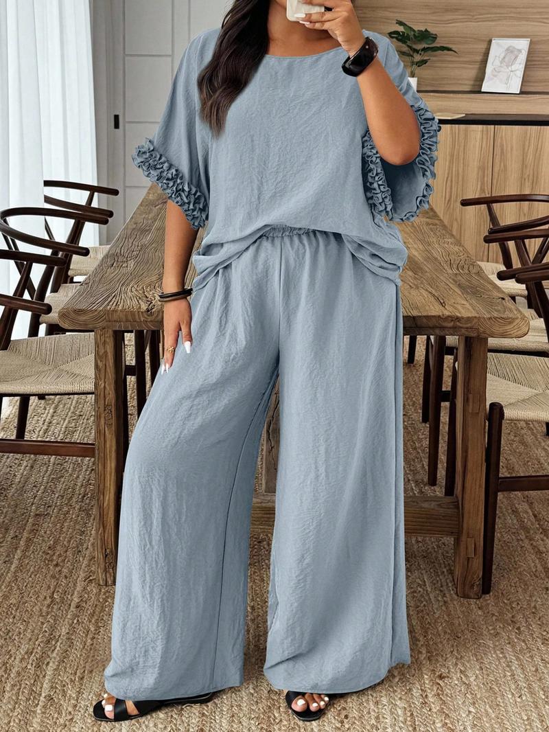Plus Size Solid Color Round Neck Batwing Sleeve Shirt and Wide Leg Pants Casual Two-Piece Set, Comfortable and Stylish