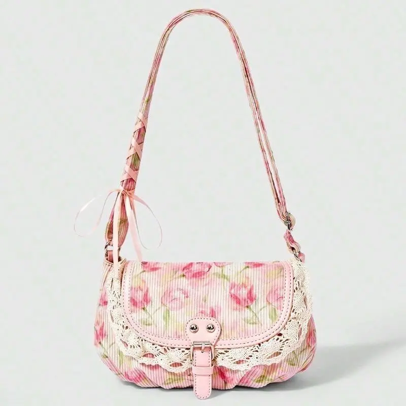 Women's 2026 New Korean Vintage Polka Dot Canvas Shoulder Bag - Retro Lace Trim, Crossbody Strap, Bags for Everyday, Everyday Purse for Niche Daily Commute