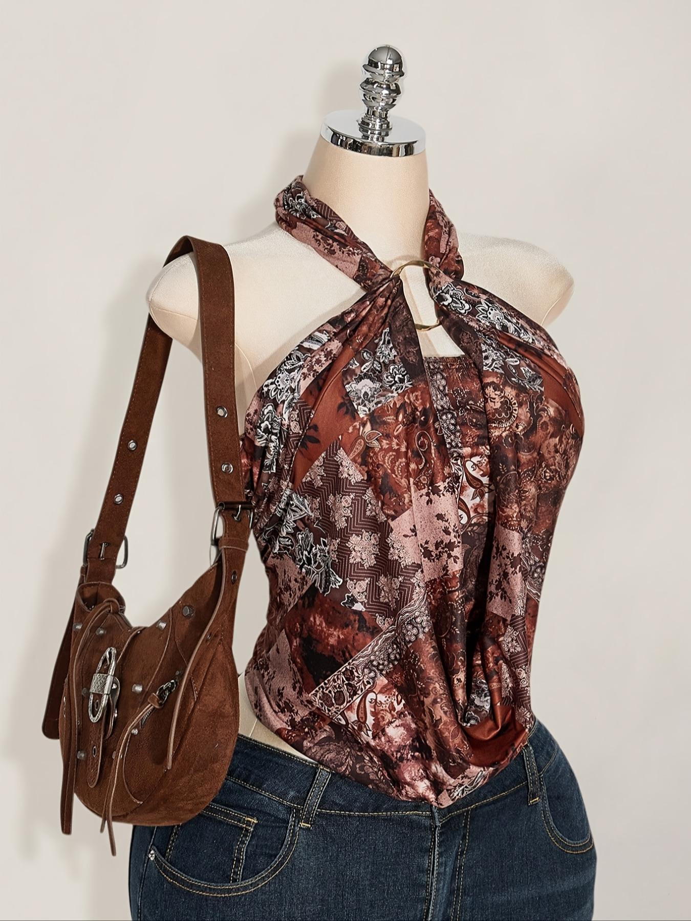 Women's Boho Halter Top, Bohemian Floral Print Sleeveless Blouse, Casual Fitted Beach Vacation, Party Wear, Vintage Style