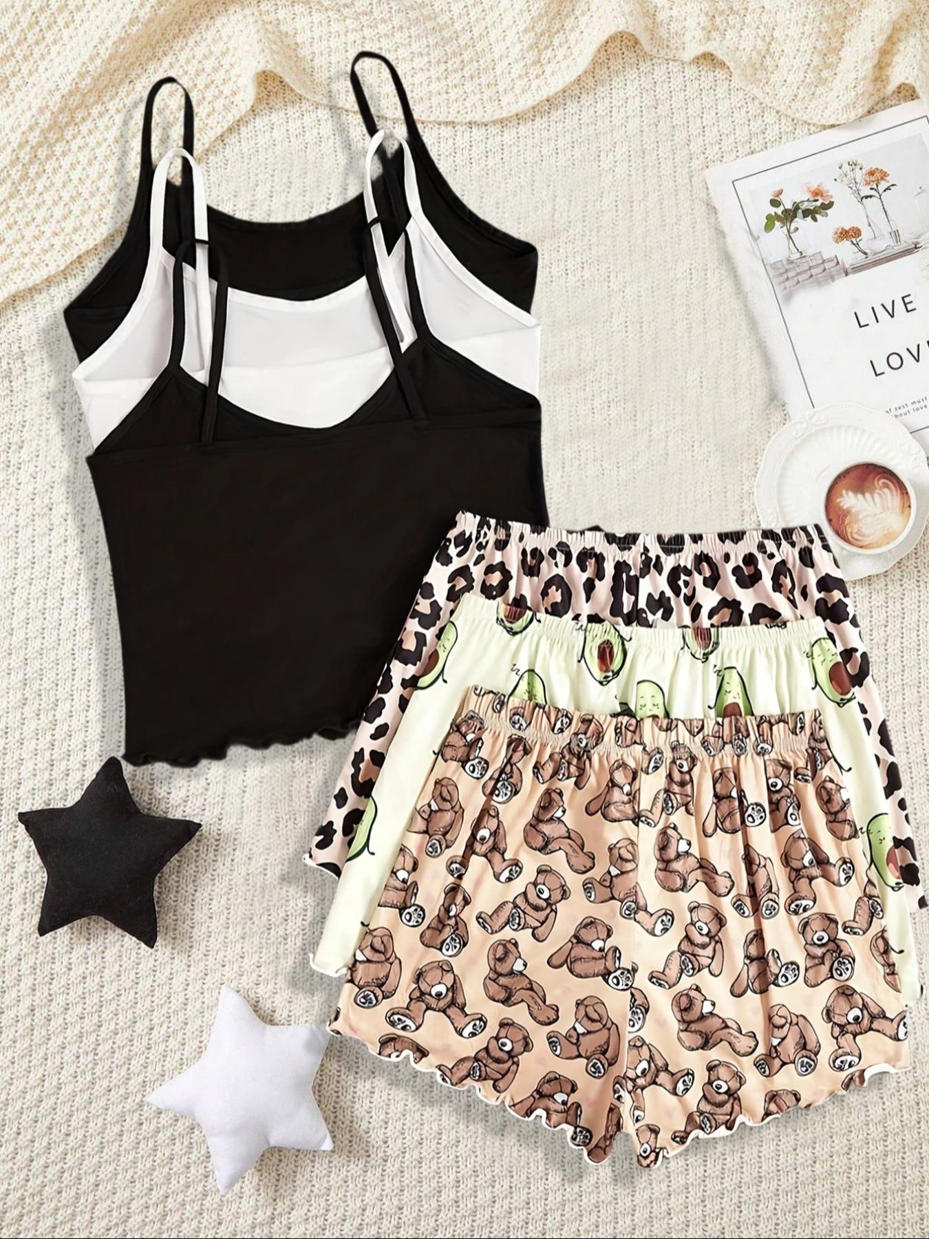 Women's 3-Piece Teddy Bear Avocado Leopard Print Sleepwear Set, Soft Cotton Lounge Wear, Comfortable Home for Women