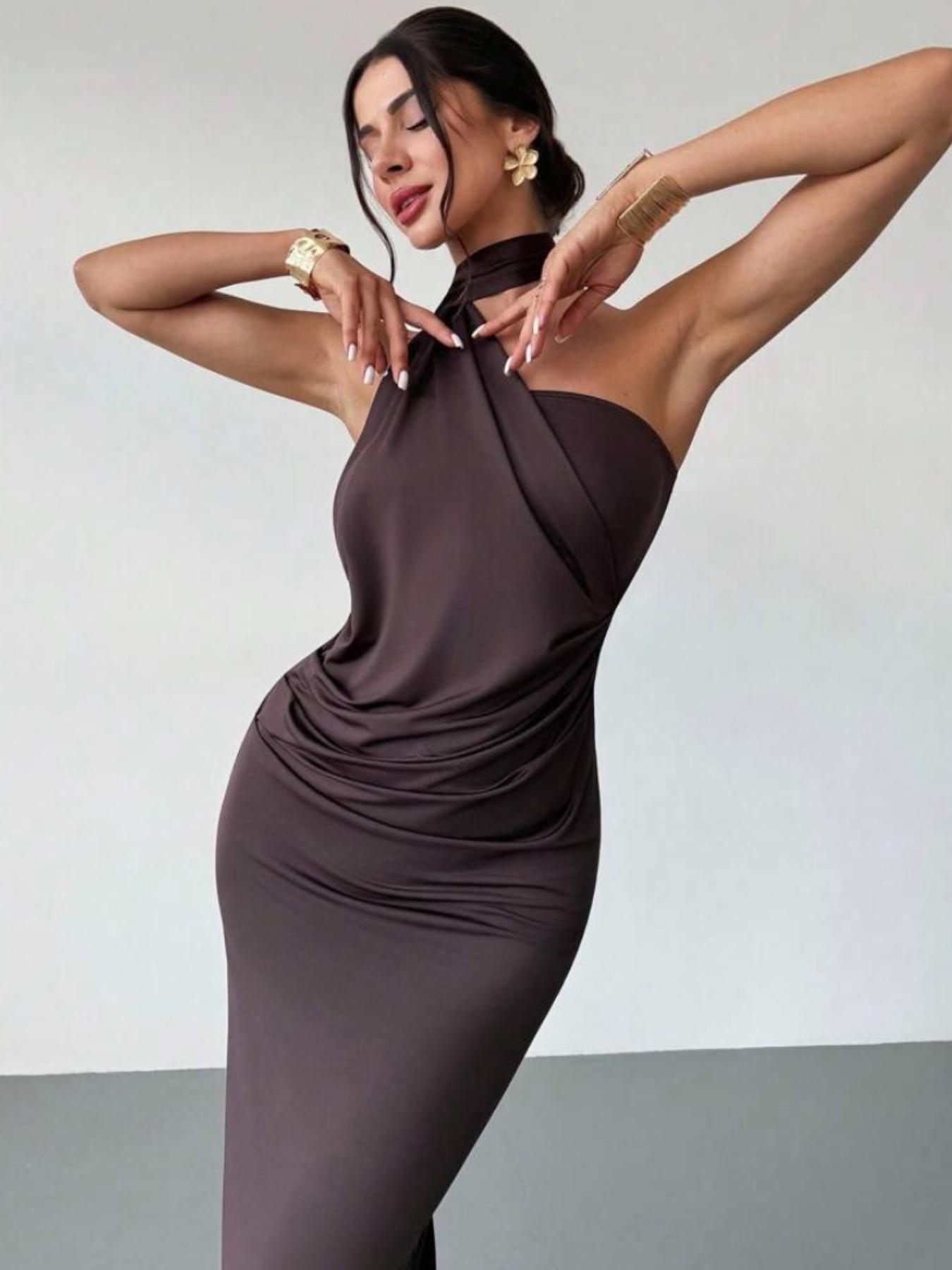 Elegant Backless Bodycon Dress, Unique Cross Neck Design, Flattering Wrinkles Detailing, Perfect for Evening Out & Street Style