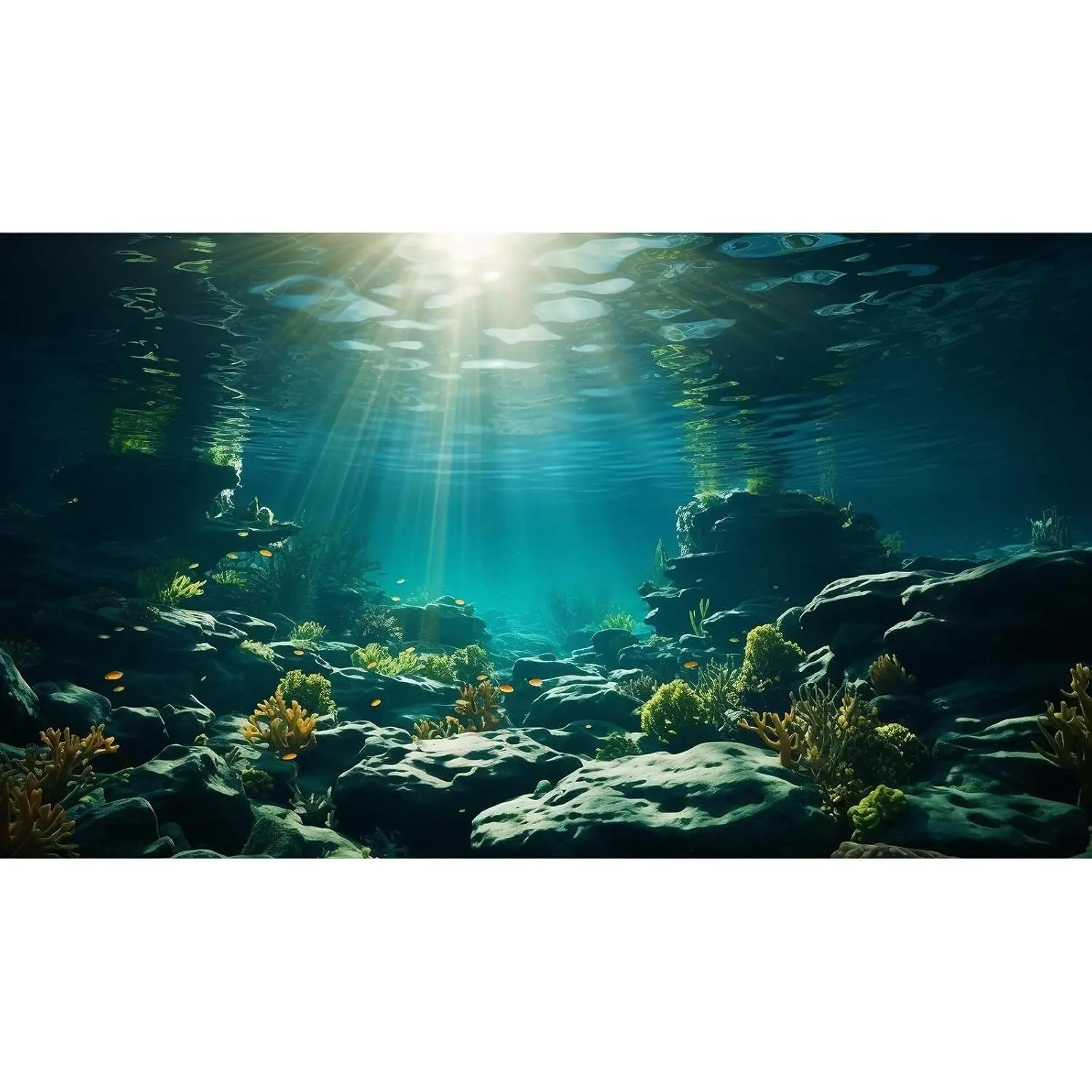 Underwater Aquatic Plants Rocks Aquarium Background Cave Style Landscape Sunlight Rays Coral Fish Tank Wallpaper Poster Vinyl 24x12in