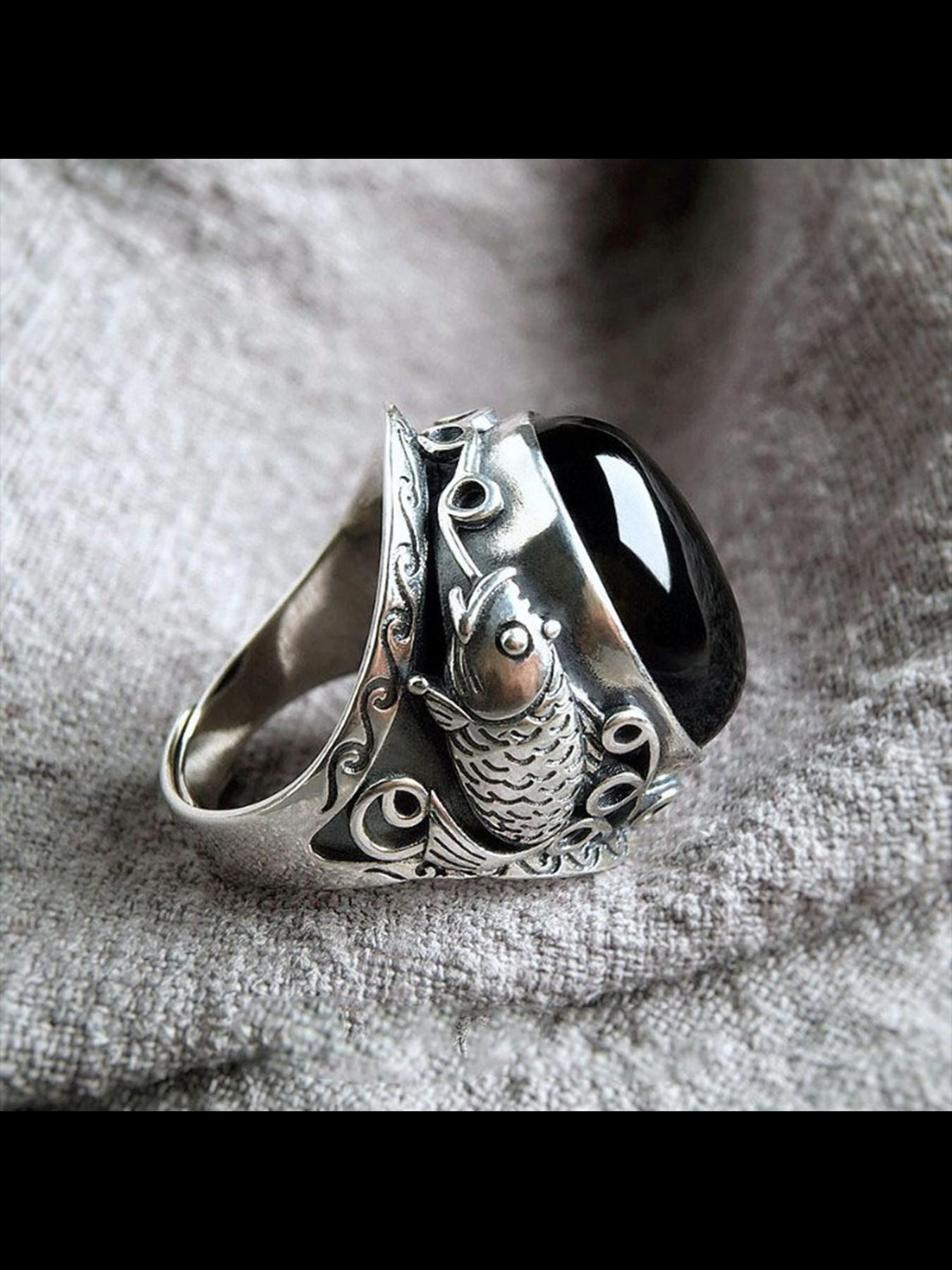 Vintage Obsidian Ring for Men, Koi Fish Ethnic Pattern, Adjustable Copper Chain, Casual Style, All Seasons Jewelry