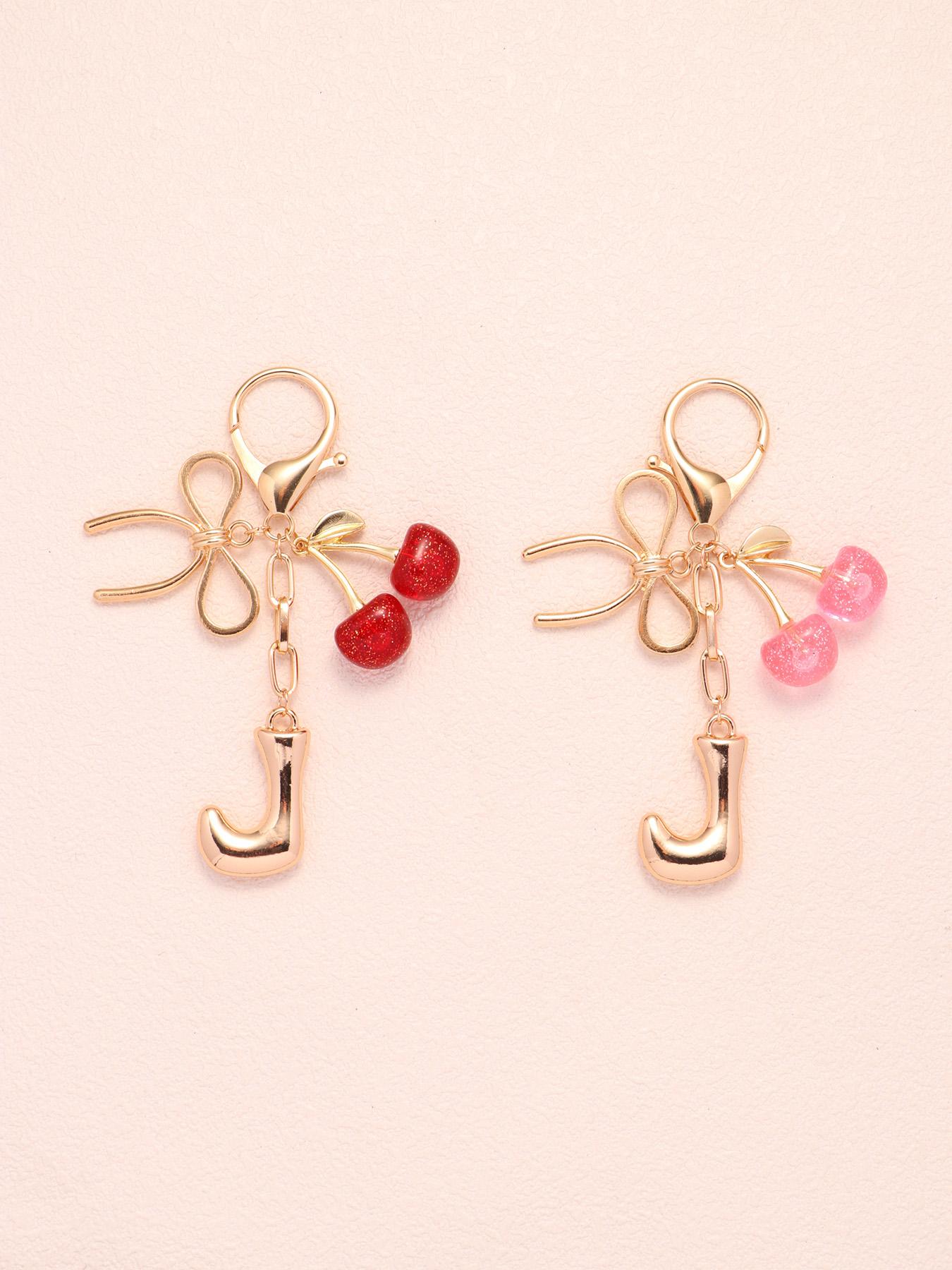 2pc Bubble Letter A-Z Keychains, Cute Initial Pendants, Metal Butterfly & Acrylic Cherry Decor, Personalized Bag Charms