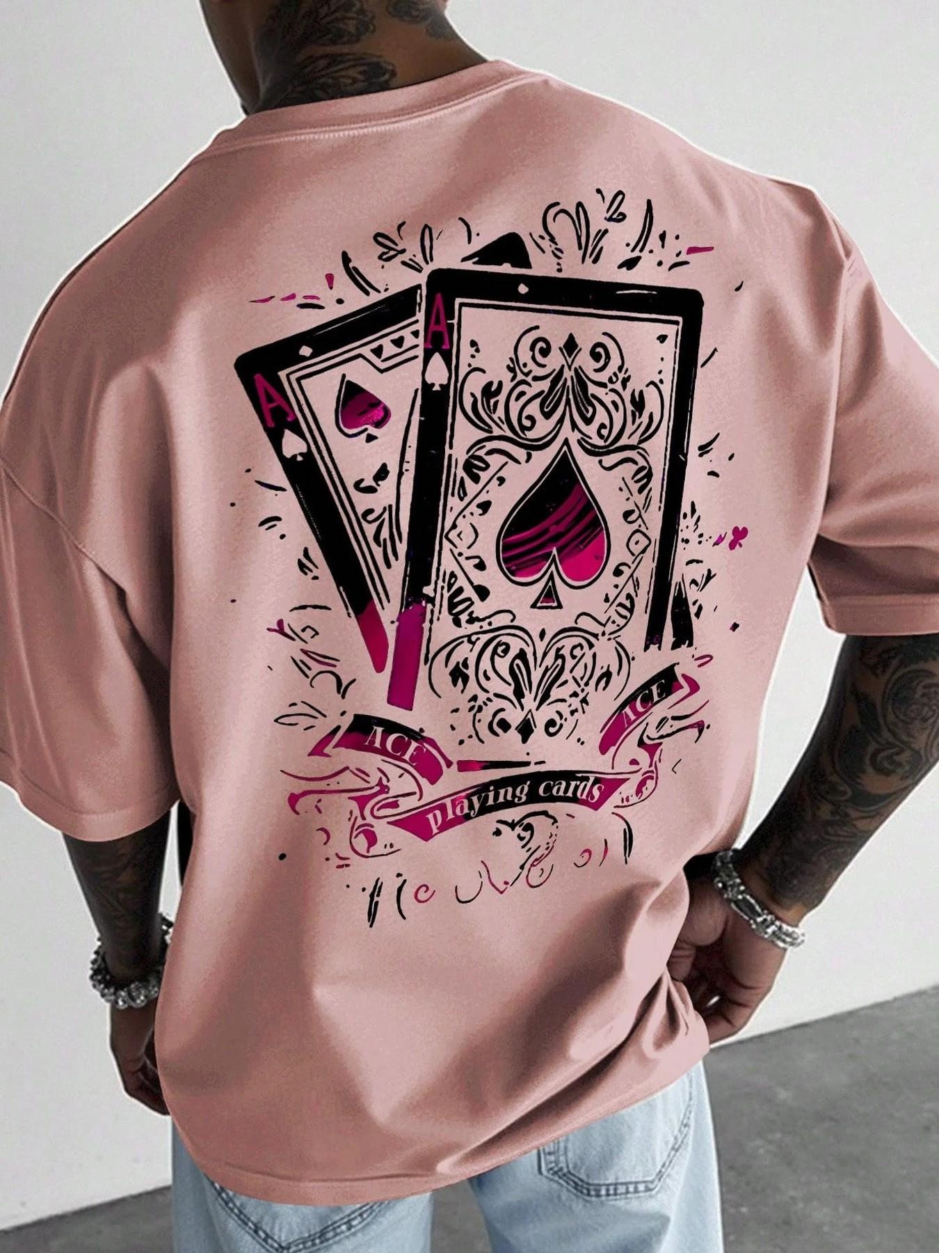 Men's Casual Short-Sleeve T-Shirt, Long Vintage Street Style Ace of Spades Playing Card Print, Loose and Versatile Top, Suitable for Hip-Hop Fashion, Streetwear and Daily Wear