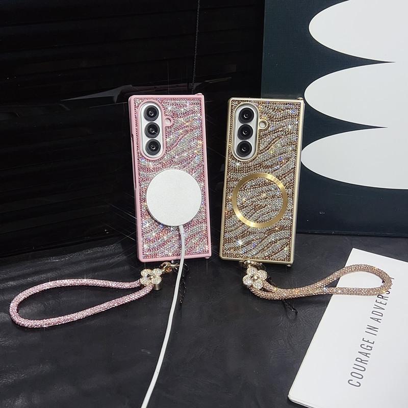 Compatible with Z Fold7/Z Fold6/Z Fold5/Z Fold4/Z Fold3 | Rhinestone Magnetic Lanyard Full Wrap Shockproof Large Fold Phone Case HNZ0483