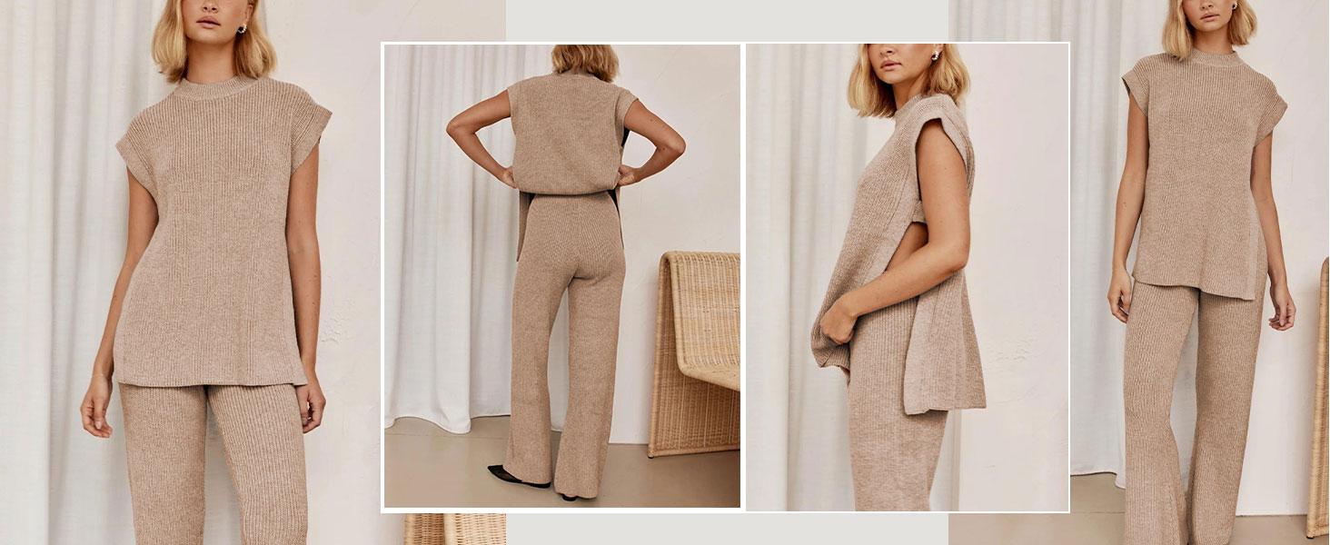 SCUSTY Womens 2 Piece Outfits Sweater Set Sleeveless Side Slit Pullover Top Knit Wide Leg Pants Lounge Matching Sets SCUSTY Womens 2 Piece Outfits Sweater Set Sleeveless Side Slit Pullover Top Knit Wide Leg Pants Lounge Matching Sets