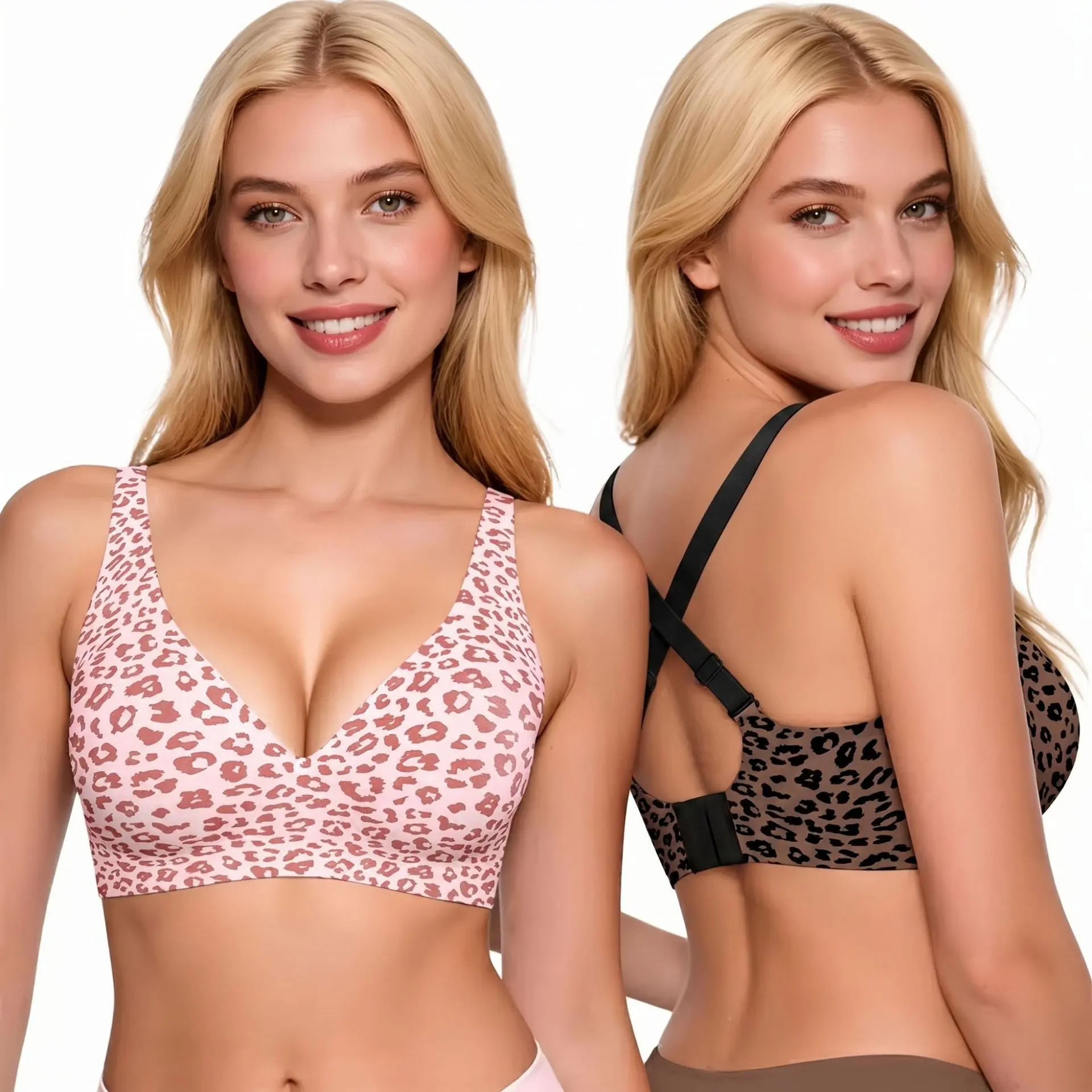 Women's Leopard Print Seamless Wire-Free Deep V Comfort Everyday Bra | In Stock