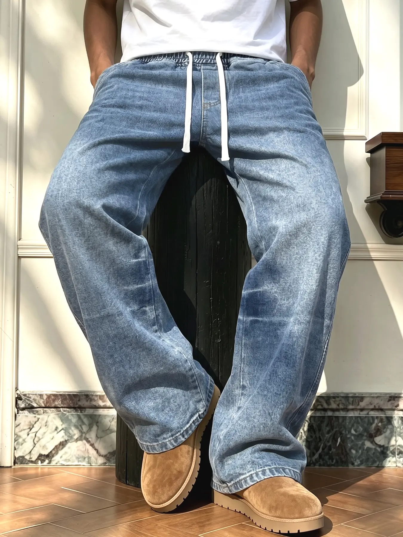 Men's Jeans with Drawstring Waistband, Fashion Streetwear Party Style, Loose Straight Leg Pants, Slanted Pocket Design, All Seasons