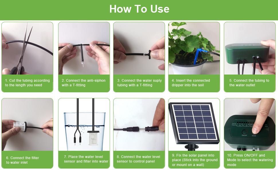 Solar Automatic Drip Irrigation Kit, Timer Controlled Watering System, Automatic Watering Devices, Suitable for Garden Flower Beds & Greenhouse Plants