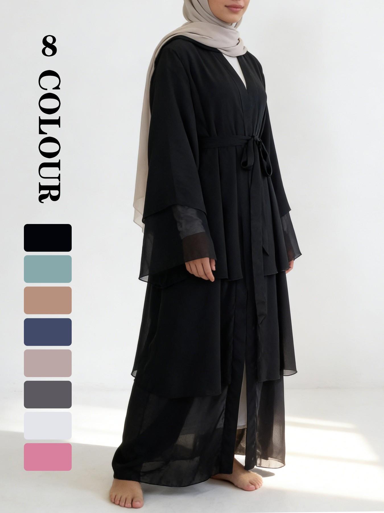 Spring Summer High-Quality Chiffon 3-Layer Eid Abaya with Belt, Casual Party Dress, Comfortable Breathable Fabric, Perfect for Weddings