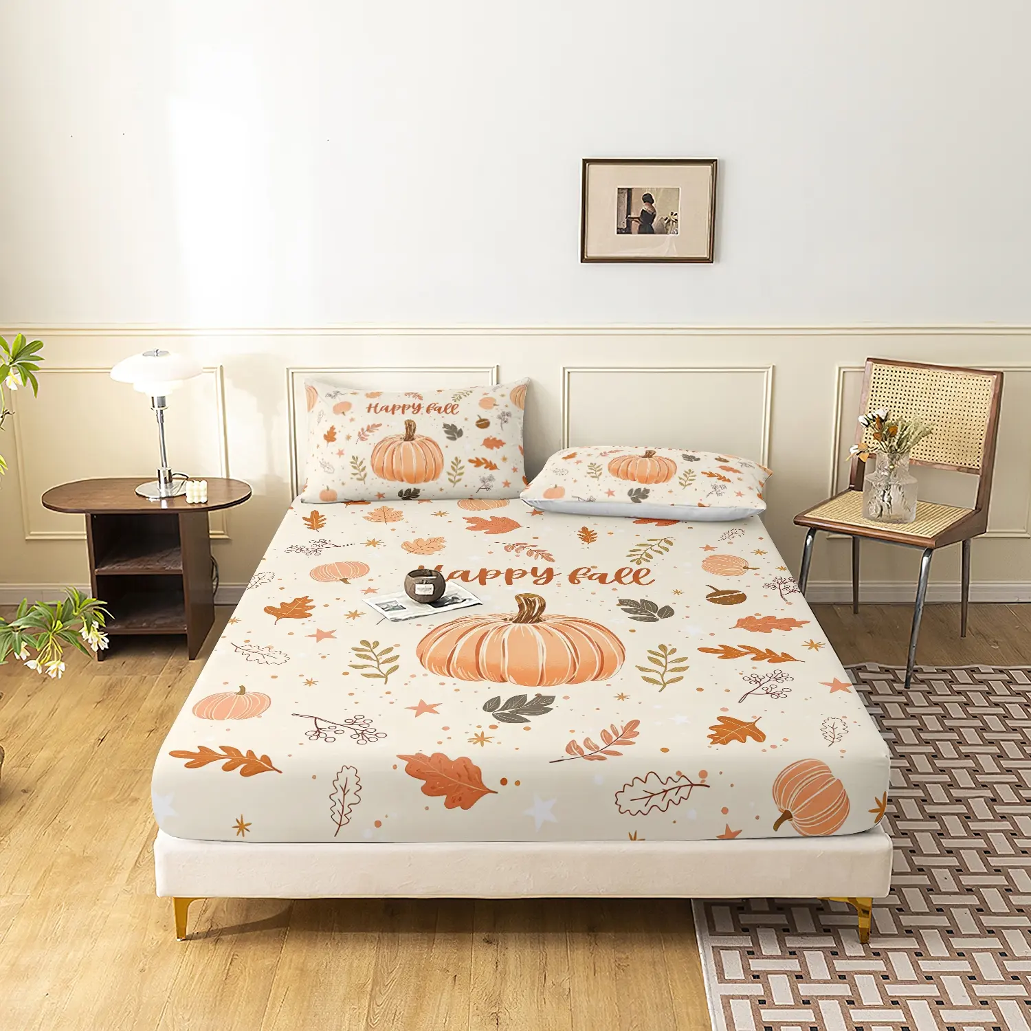 3Pcs Happy Fall Cream Pumpkin Fitted Sheet Set, Autumn Leaves Star Print Bed Linen, Cute Fall Thanksgiving Sheet with Pillowcases, Included 1*Fitted Sheet & 2*Pillowcase, Farmhouse Fall Bedroom Home Decor