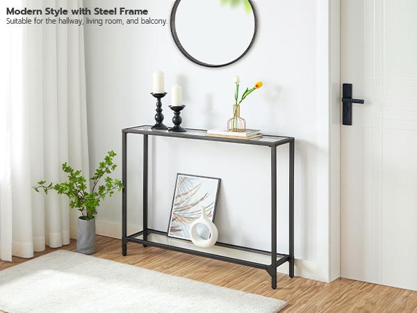HOOBRO 39.4" Tempered Glass Console Table, Modern Sofa Table, Modern Entryway Table, Narrow Couch Table, Metal Frame, for Living Room, Hallway#springtok
