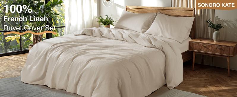 Sonoro Kate French Pure Linen Sheet Set 4PCS – Soft, Breathable & Cooling Bed Sheets for All Seasons, Durable with 16" Deep Pocket – in Natural Linen