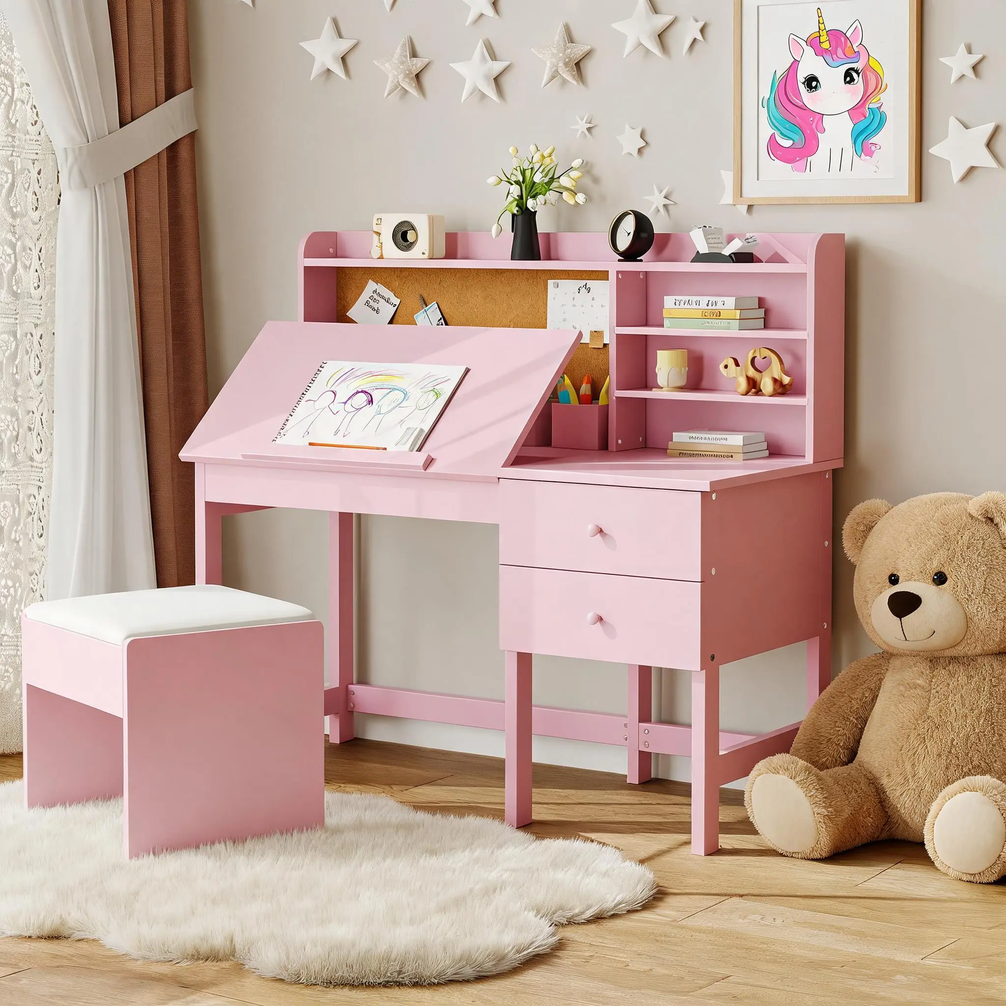 Garvee Kids Desk and Chair Set - Adjustable Study Desk with Tilting Desktop, Hutch, Cork Board, Drawer Storage & Padded Stool - Student Writing Desk for Boys & Girls - Color: Pink/Blue