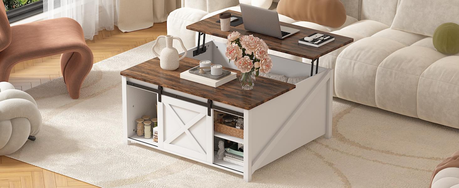 PUKAMI Lift Top Coffee Table with Storage, 31.5" Farmhouse Coffee Table for Living Room, Square Coffee Tables with Large Hidden Storage and Sliding Barn Doors