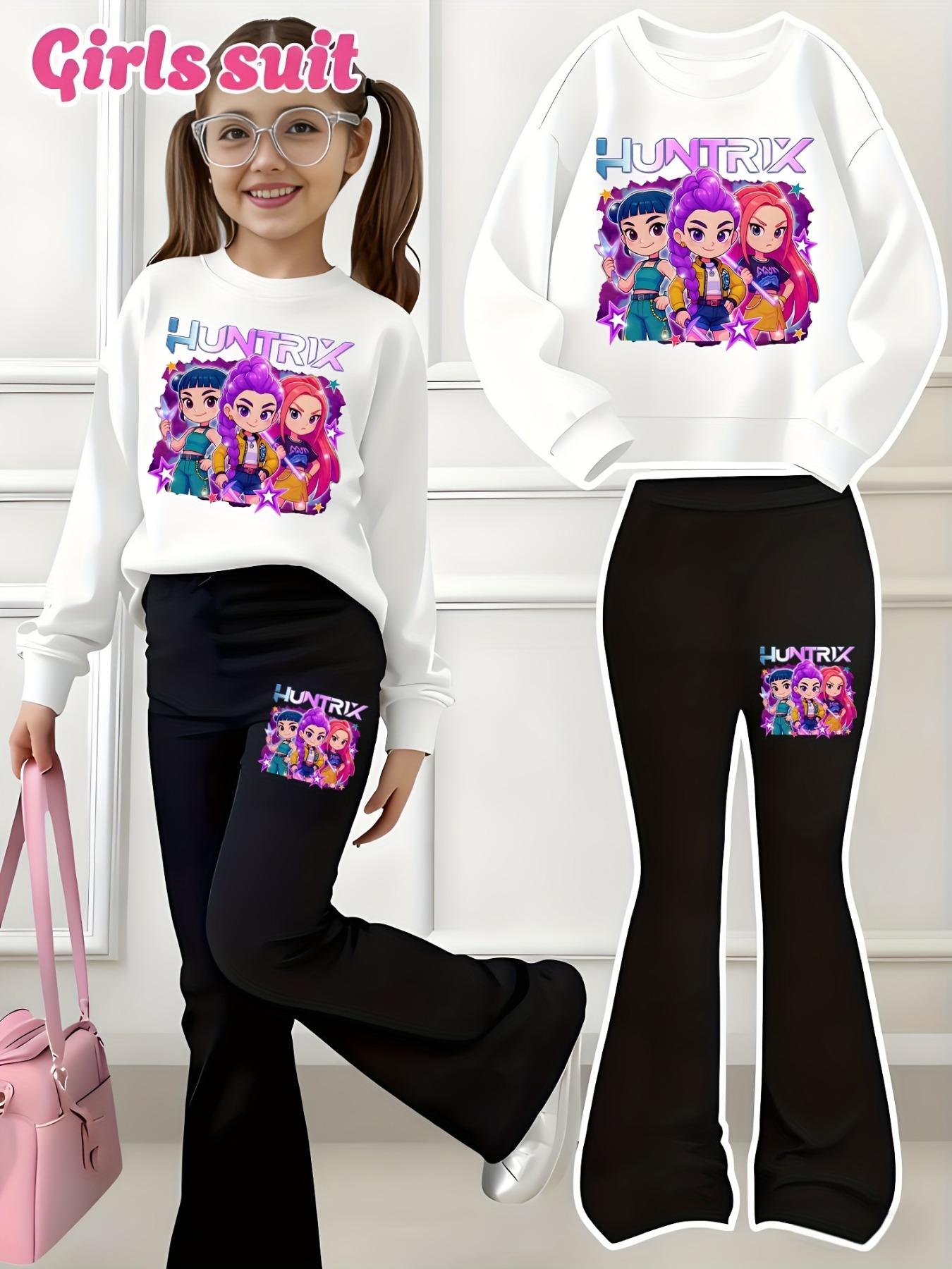 Halloween Christmas Kp Cool Girl Pattern Print 2-Piece Set, Power Girl Outfit, Girls' Casual Sportswear, Comfortable Elastic Waist Pants, Spring Fall Winter