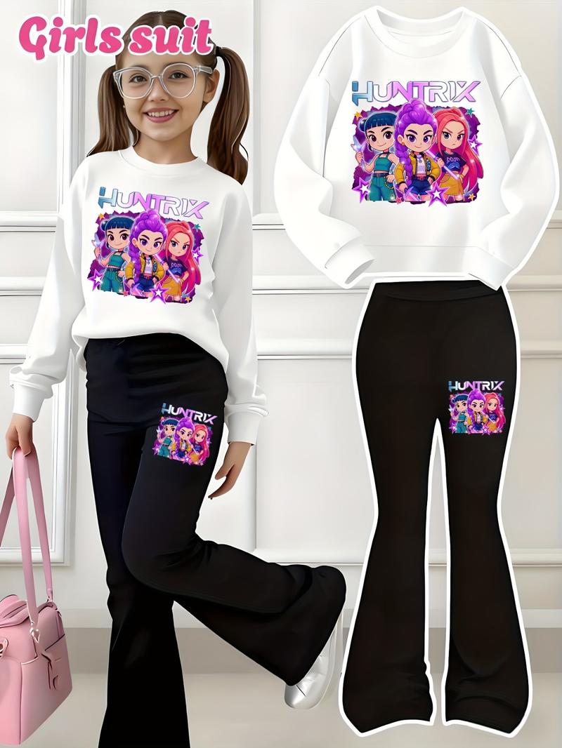 Halloween Christmas Kp Cool Girl Pattern Print 2-Piece Set, Power Girl Outfit, Girls' Casual Sportswear, Comfortable Elastic Waist Pants, Spring Fall Winter