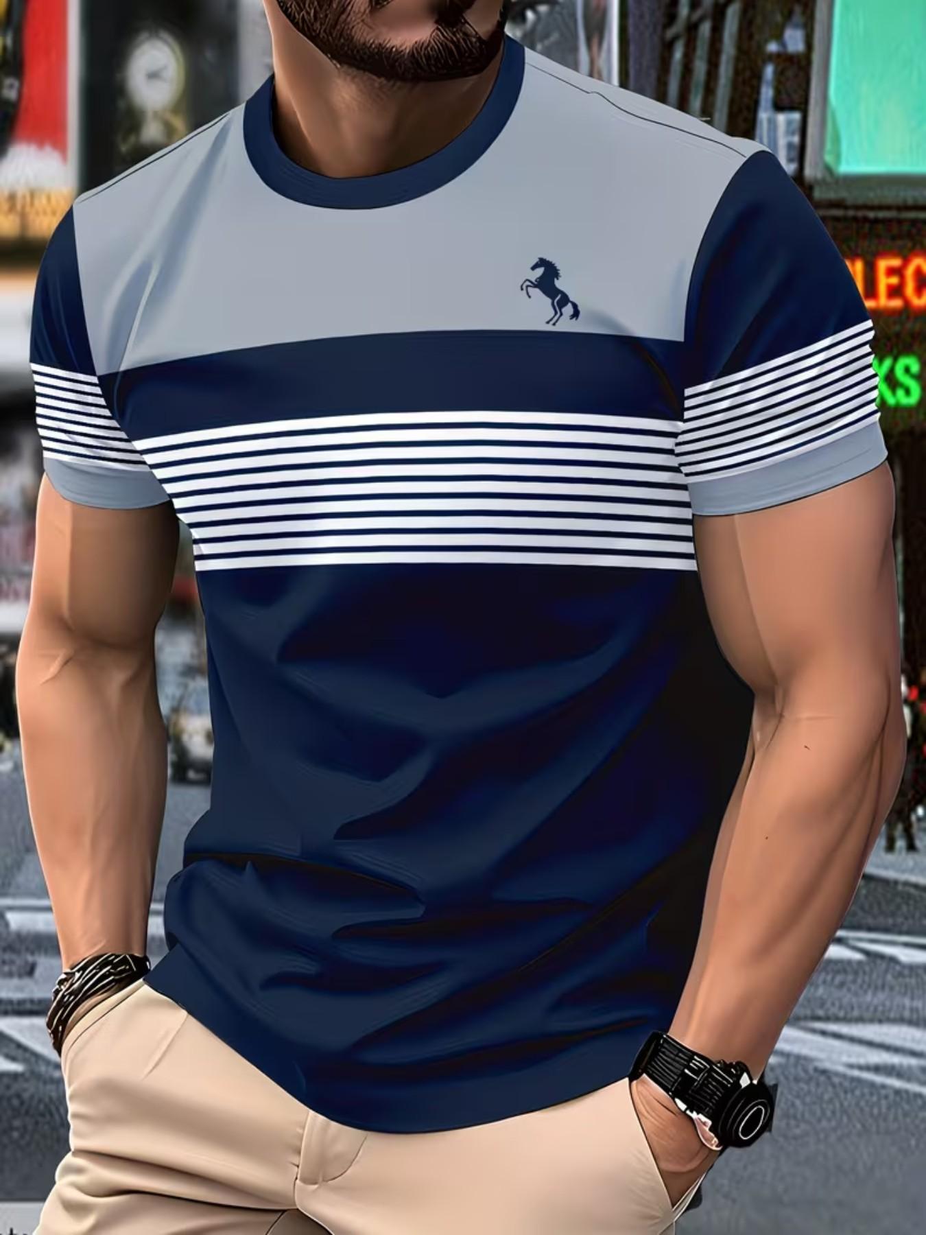 Men's Casual T-Shirt, Lightweight Polyester, All over Print, Slim-Fitting, Round Neck, Four-Season Comfort, Fashionable Daily Wear